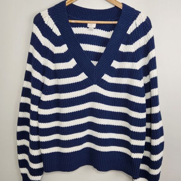 Navy Stripe Sweater VNeck Pullover Cable  Size L oversized - Picture 12 of 12